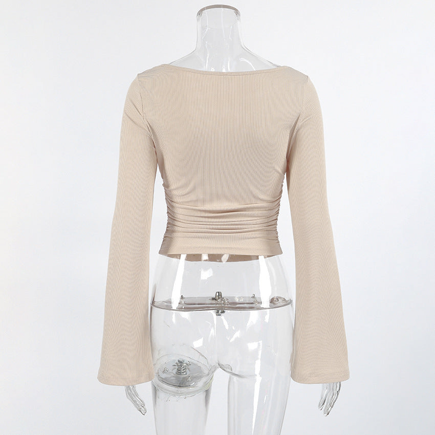 Design Solid Color Slim Fit Pleated round Neck Bell Sleeve Top for Women Spring Undershirt