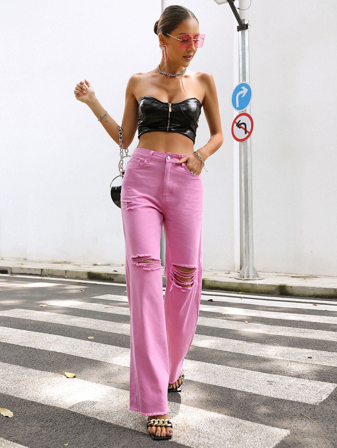 Women Clothing Holes Straight Loose Wide Leg Pants Spring Summer