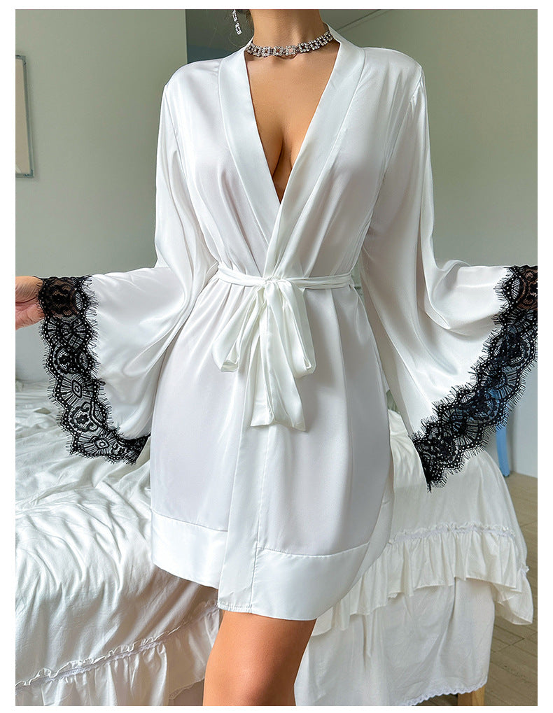Sexy Nightgown Mid Length Bathrobe Sexy Sleepwear Women Long Sleeve Backless Women Satin Homewear
