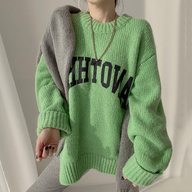 Korean Chic Western Candy Sweater Women Autumn Winter Loose Lazy Thick Round Neck Letter Graphic Sweater