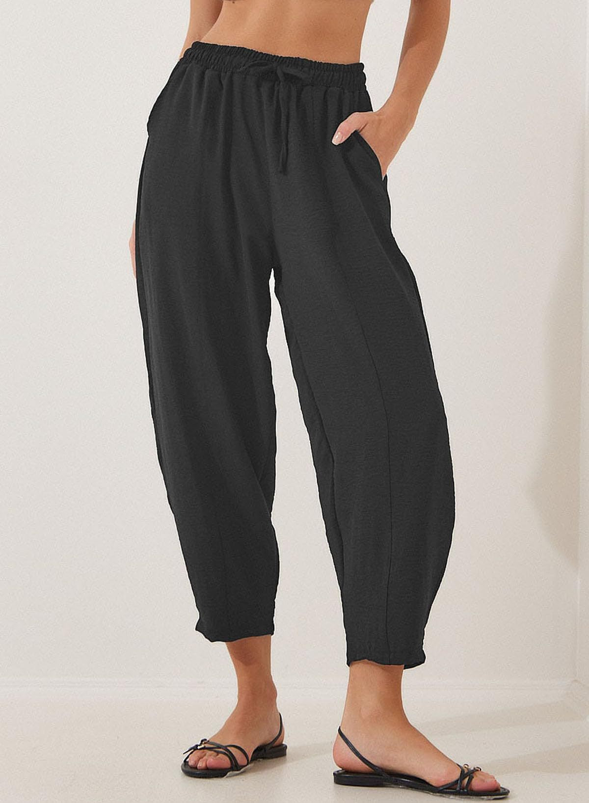 Women Clothing Spring Summer High Waist Loose Vacation Casual Drawstring Pocket Cropped Pants