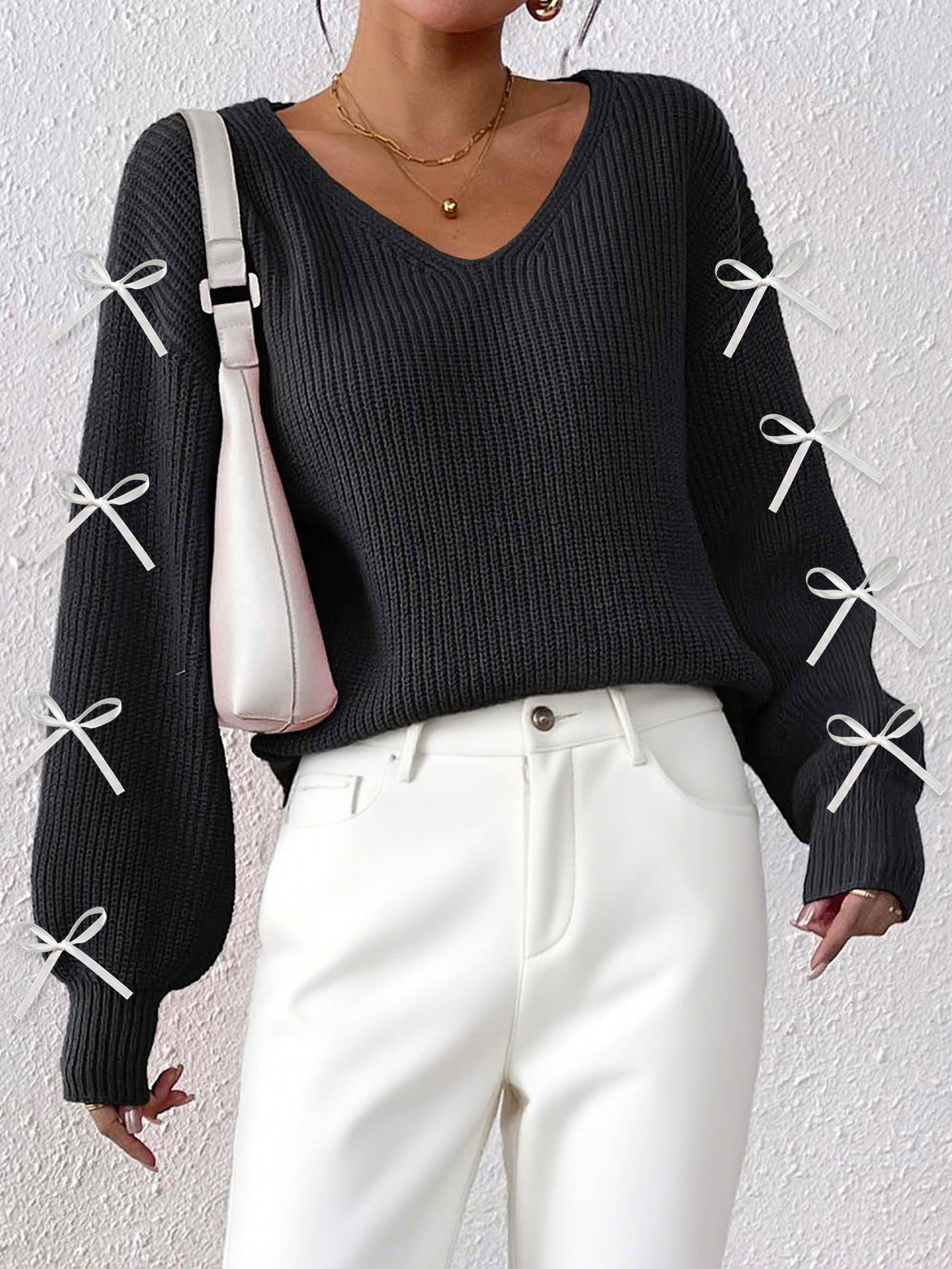 Women Autumn Winter Coat Women Clothing Ribbon Bow Decorative Woven Pullover