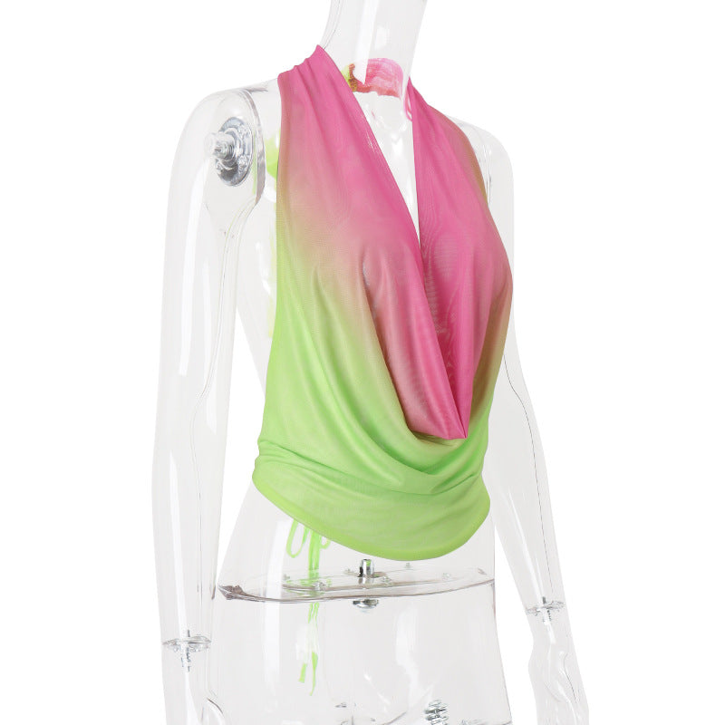 Women Clothing Summer Sexy Halter Swing Collar Gradient Multicolor Vest Mini Hip Bag Skirt Two Piece Sets