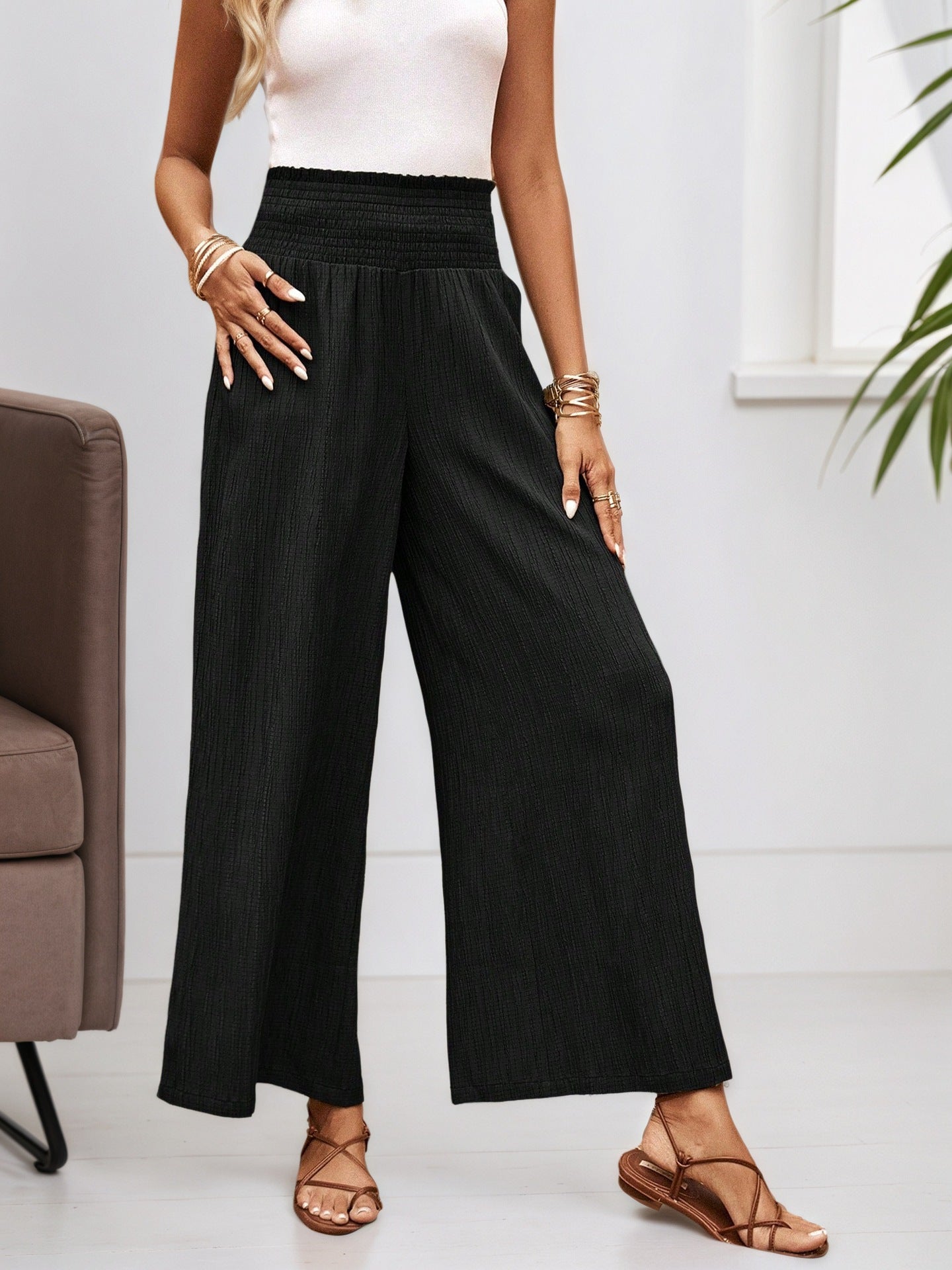Summer High Waist Casual Three Dimensional Line Pleated Design Elastic Waist Loose Wide Leg Pants