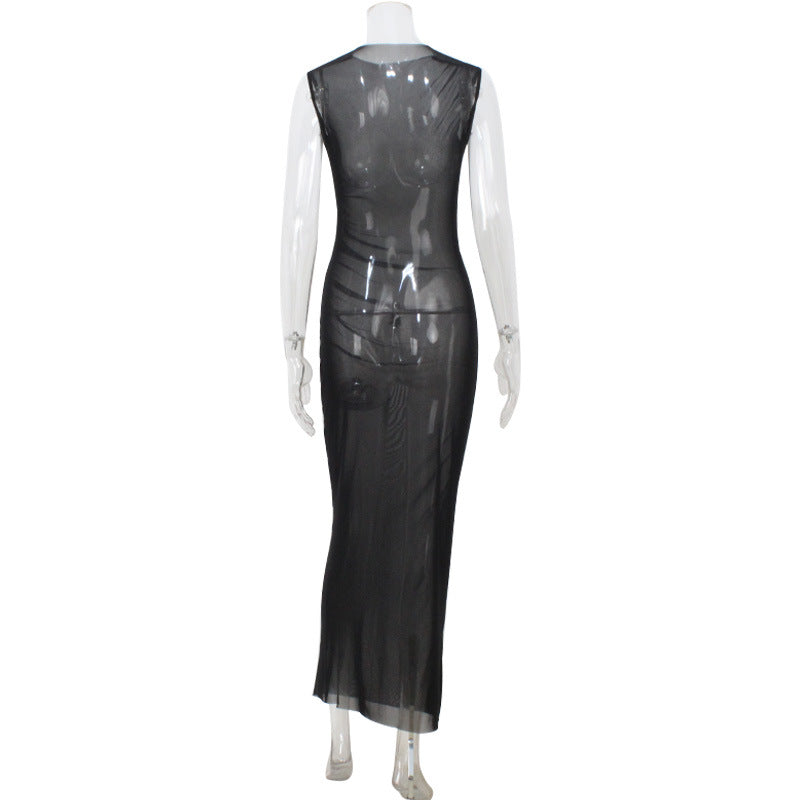Elegant Women Clothing Mesh See through Sleeveless Slim Fit Sexy Dress Overskirt Long Blouse for Women