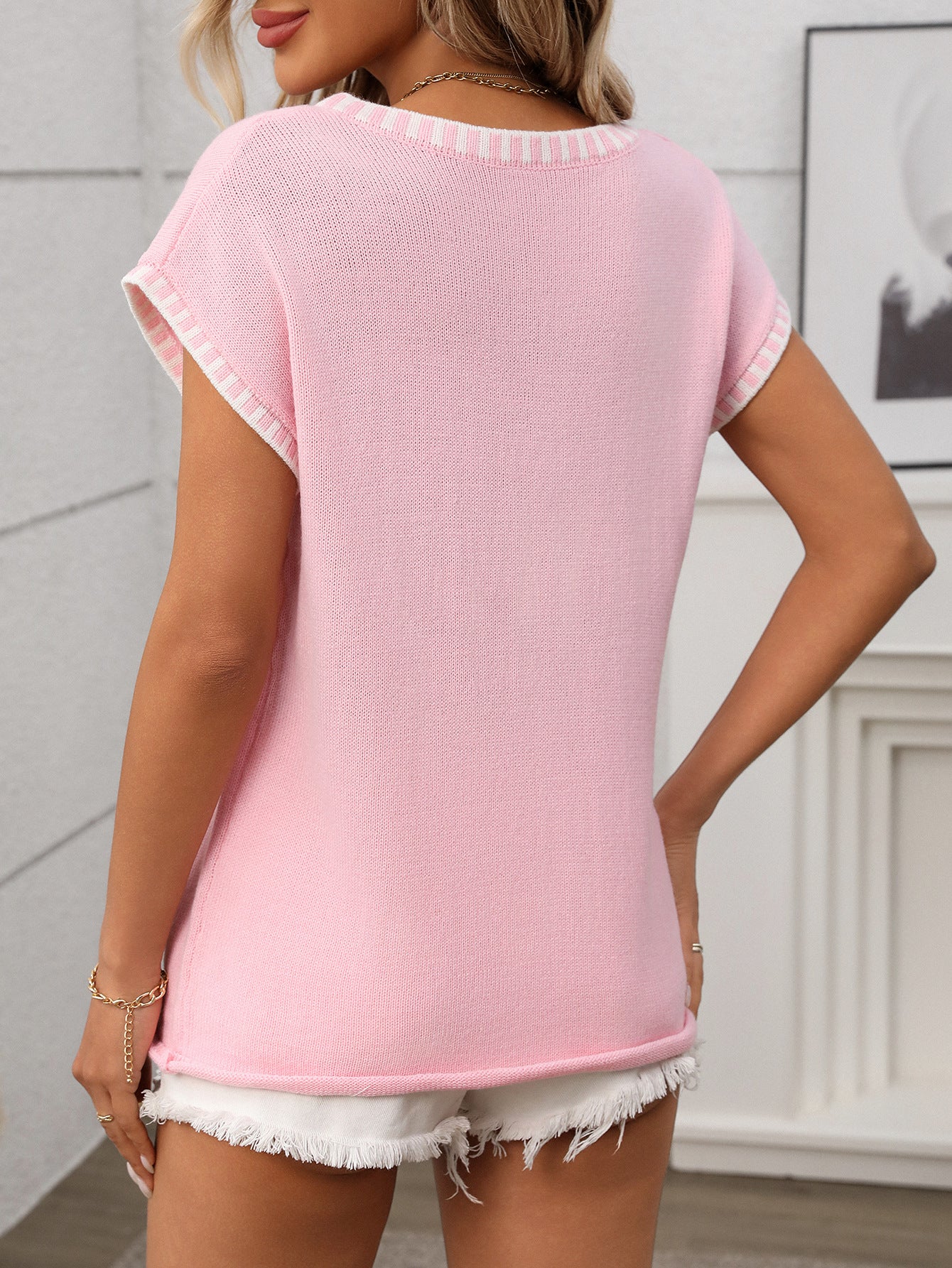 Summer Women Clothing Pullover Short Sleeve V neck Short Sleeve Striped Knitted Sweater