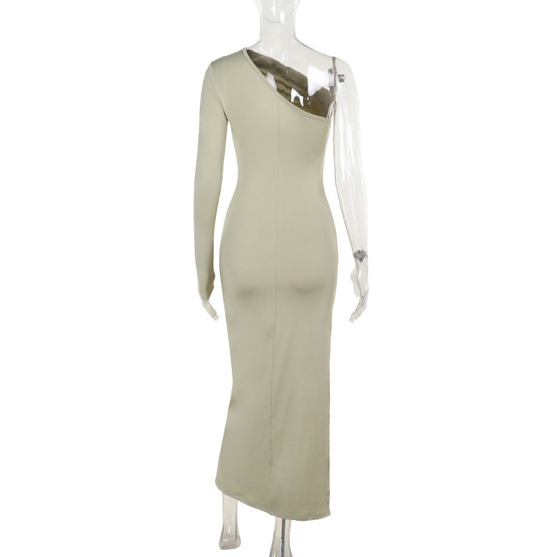 Autumn Elegant Sexy Slim Shoulder Pleated Single Layer Sleeves Dress Women