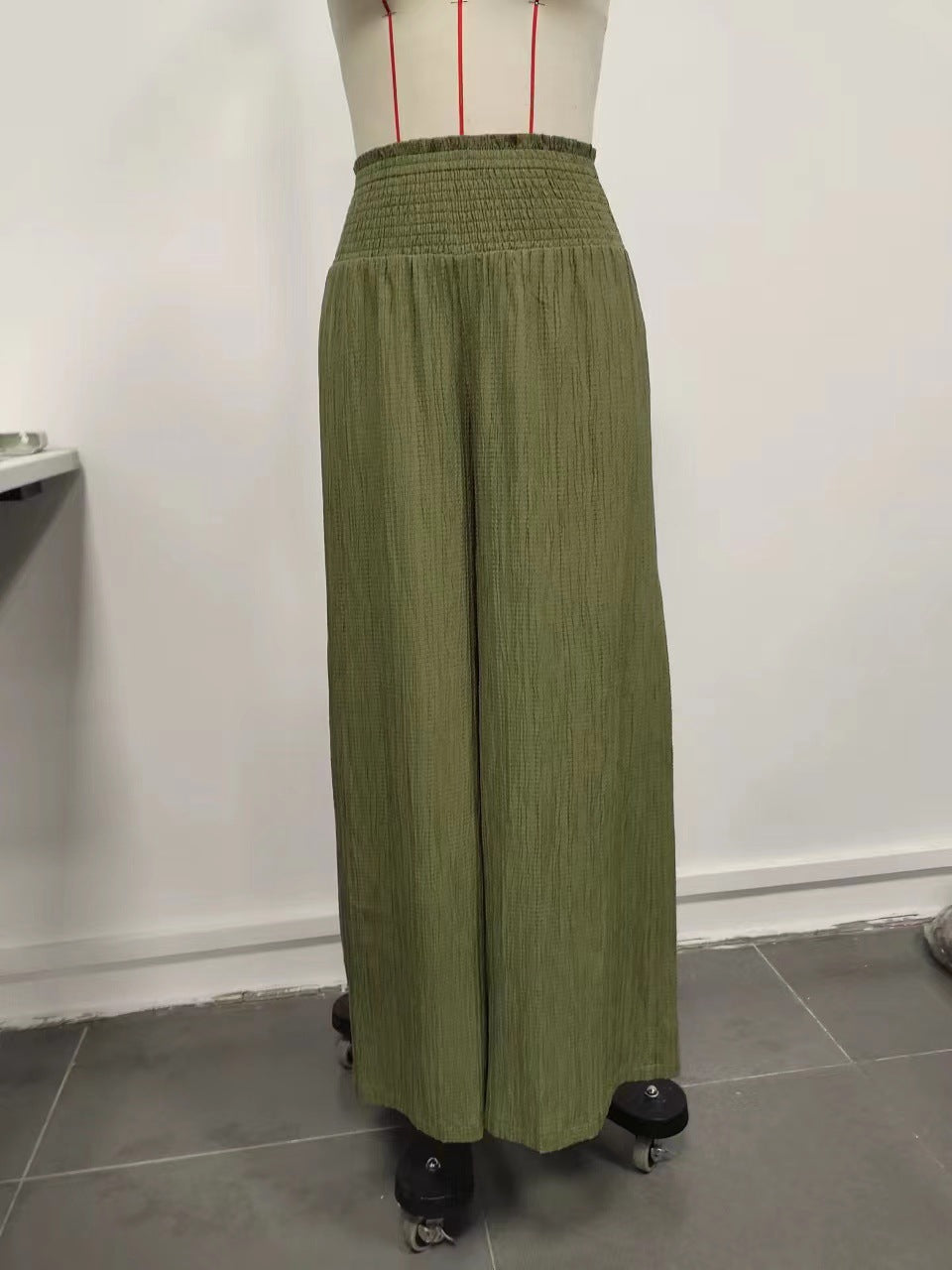 Summer High Waist Casual Three Dimensional Line Pleated Design Elastic Waist Loose Wide Leg Pants