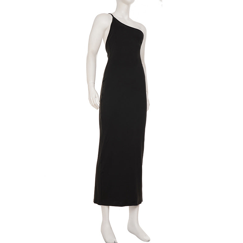 Sexy Lace up Big Back Exposure Dress Design Solid Color One Shoulder Slim Fit Maxi Dress