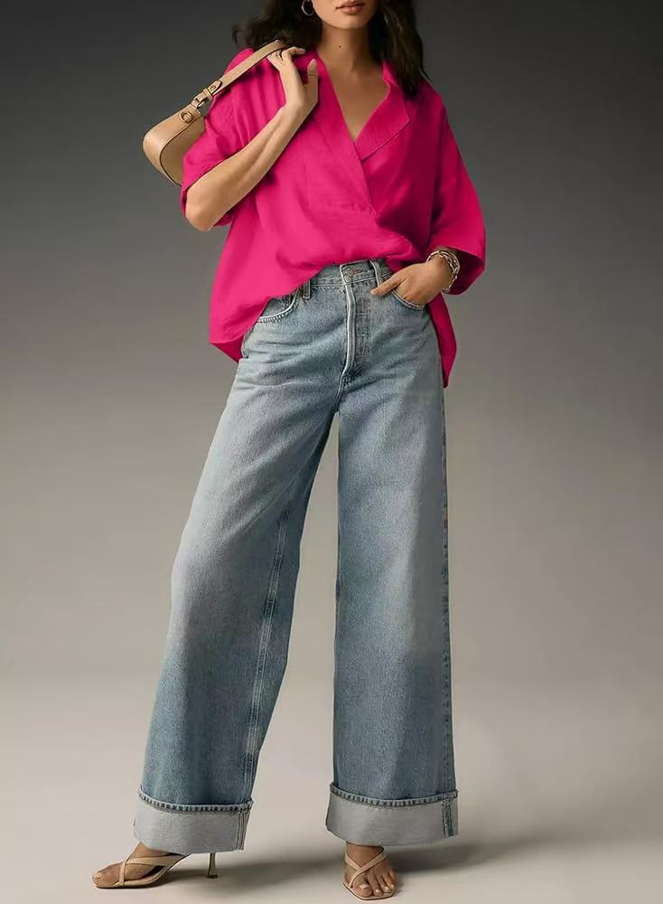Women Summer Short Sleeve Collared Casual Loose Top Solid Color Shirt