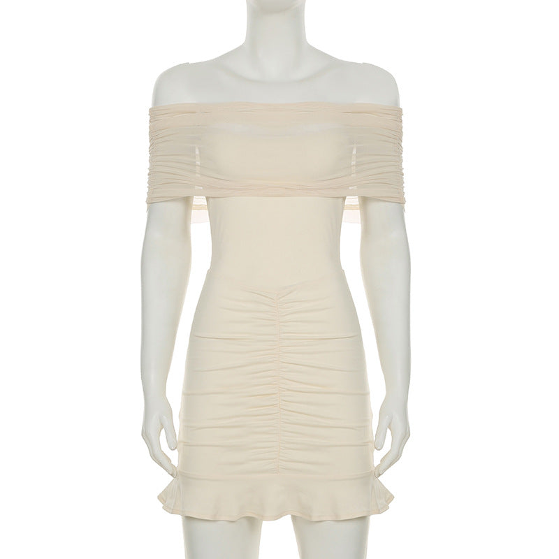 Women Clothing Ruffle Hip Ruffled Mesh Outerwear Strapless Dress Slim Dress