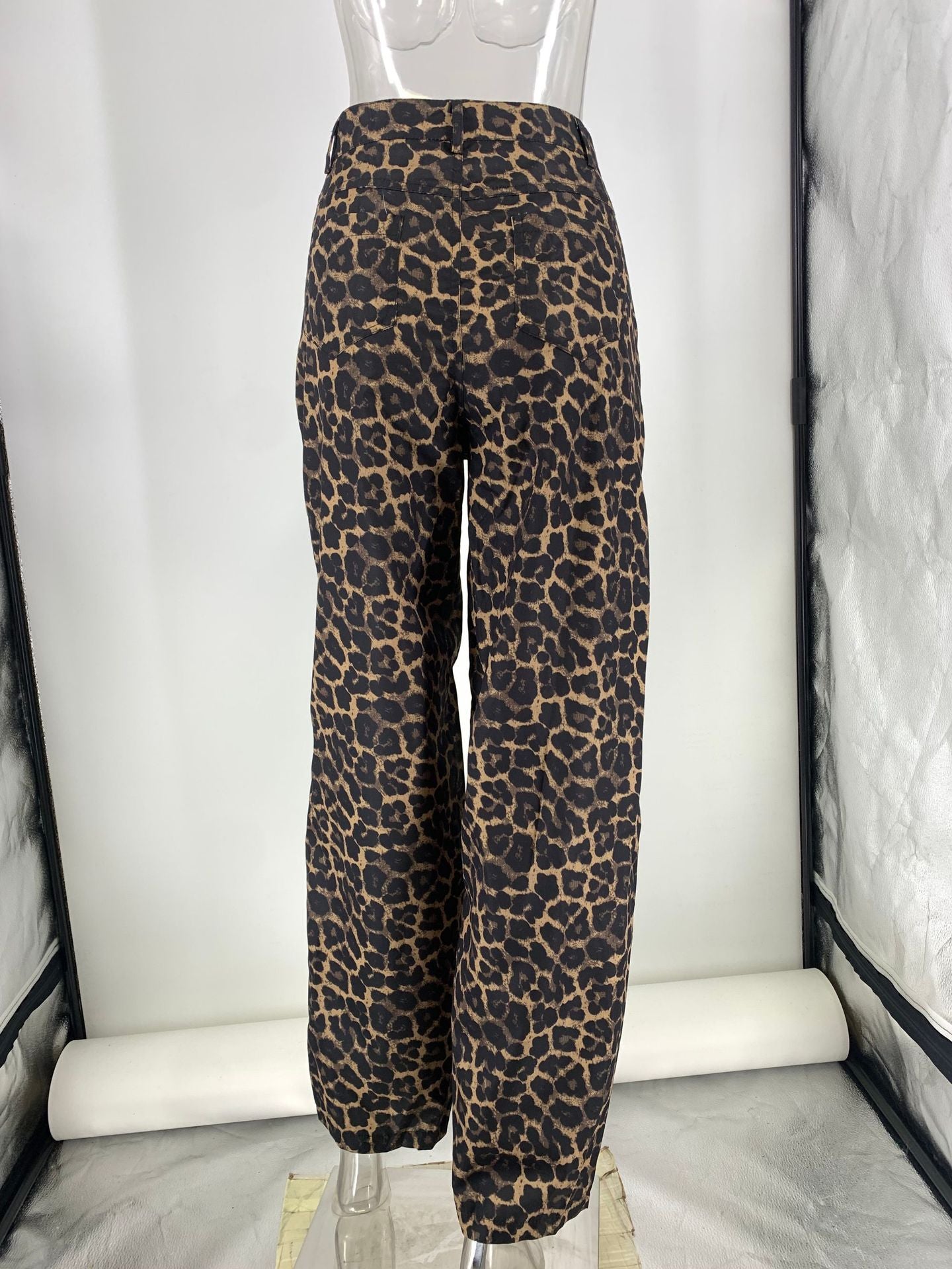 V neck Puff Sleeve White Shirt High Waist Retro Leopard Print Wide Leg Pants Two Piece Sets