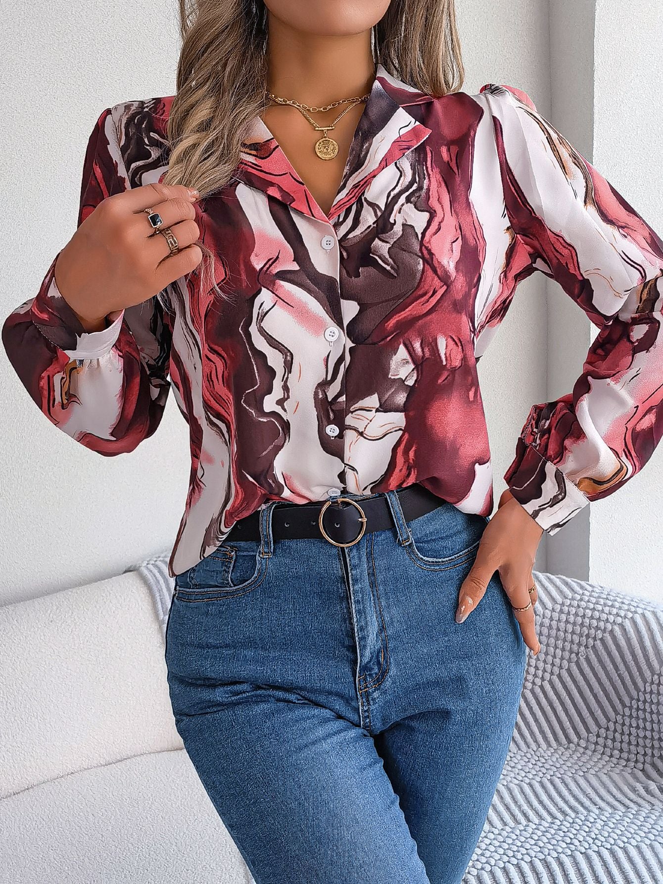 Autumn Winter Casual Contrast Color Striped Collar Long Sleeve Shirt Women Clothing