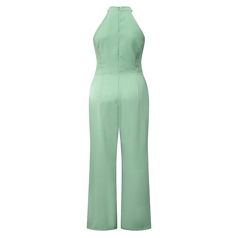Solid Color Sleeveless Halter High Waist Lace up Straight Casual Jumpsuit Summer
