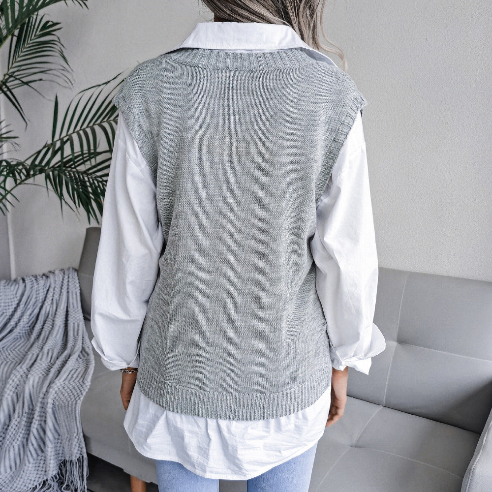 Autumn Winter Cutout Twist V neck Knitted Vest Sweater Women Clothing