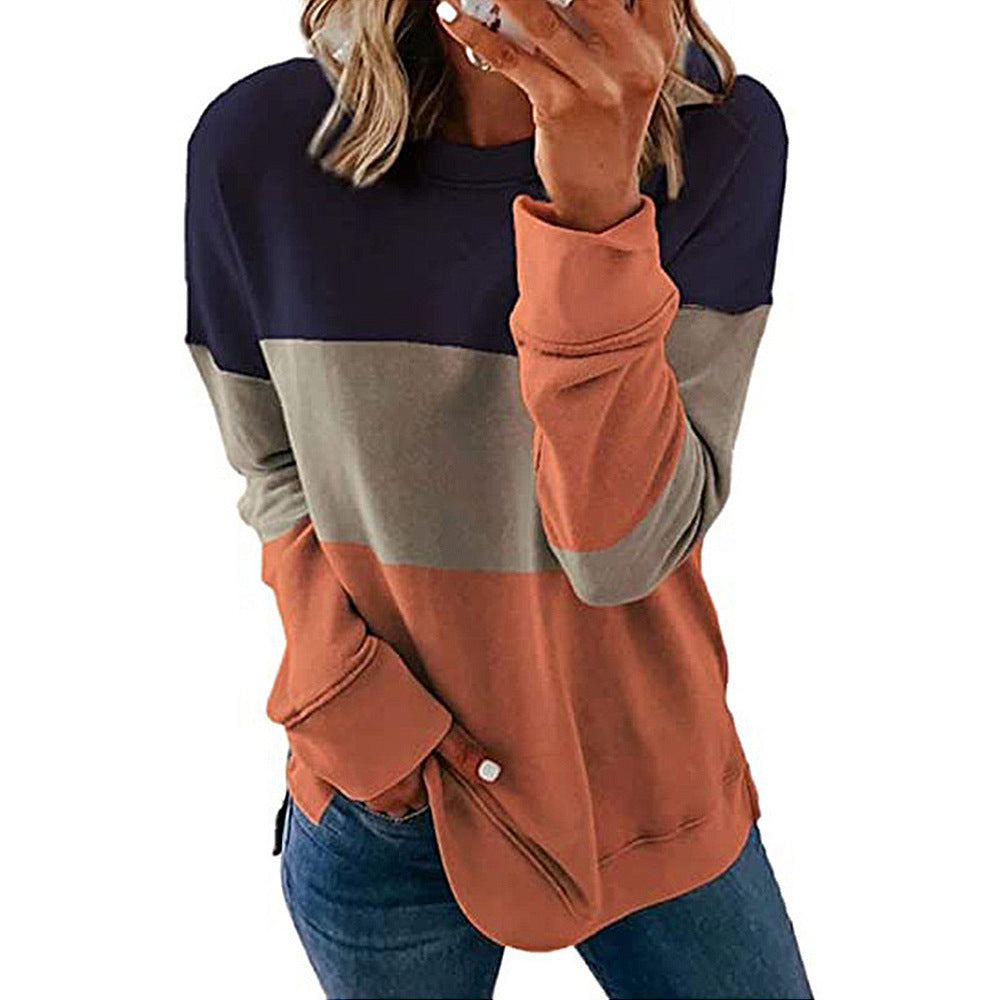 Autumn Winter Women Clothing Printing Color Contrast Patchwork Round Neck Long Sleeve Sweatshirt