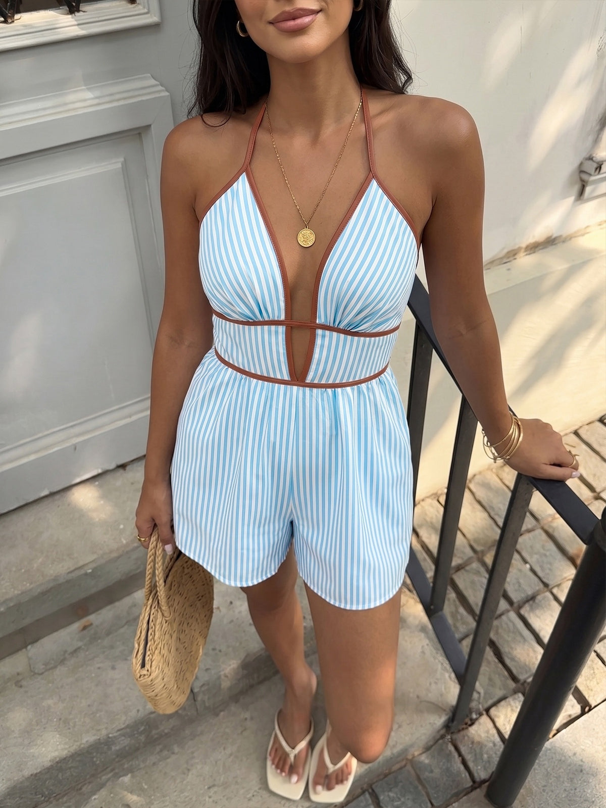Summer Office V neck Smocking Halter Striped Jumpsuit Women