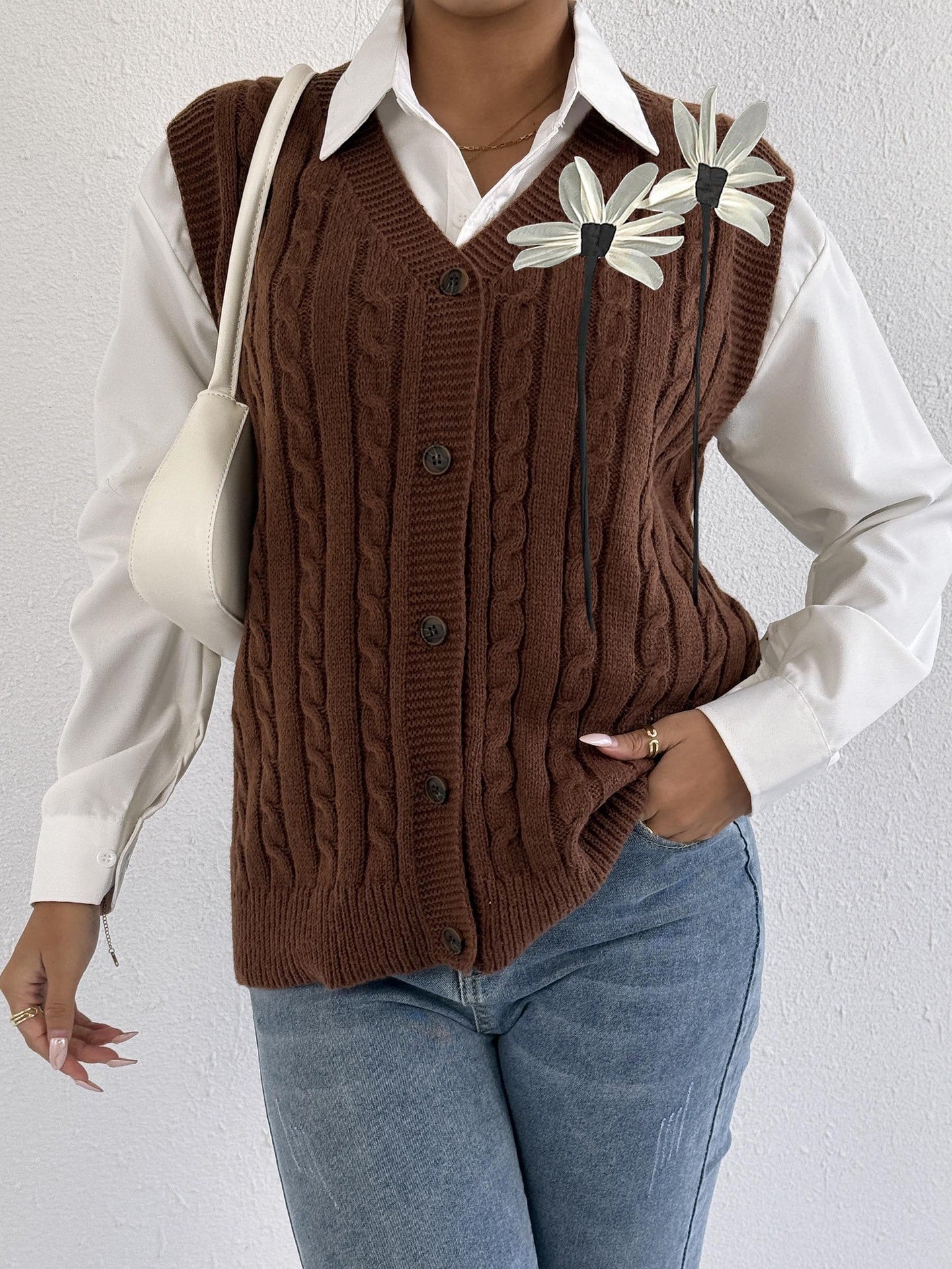 Women Knitted Cardigan Autumn Winter Women Clothing Casual Outerwear Vest Twist Woven Sweater Three Dimensional Floral Stitching Vest