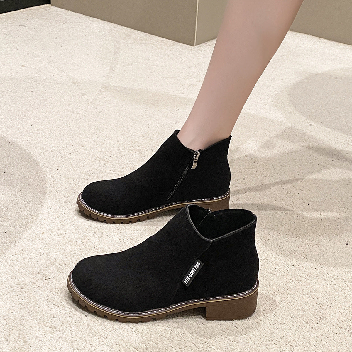 Short Mid Heel Retro Frosted Short Boots Women Thick Heel Flat Side Zipper Martin Boots