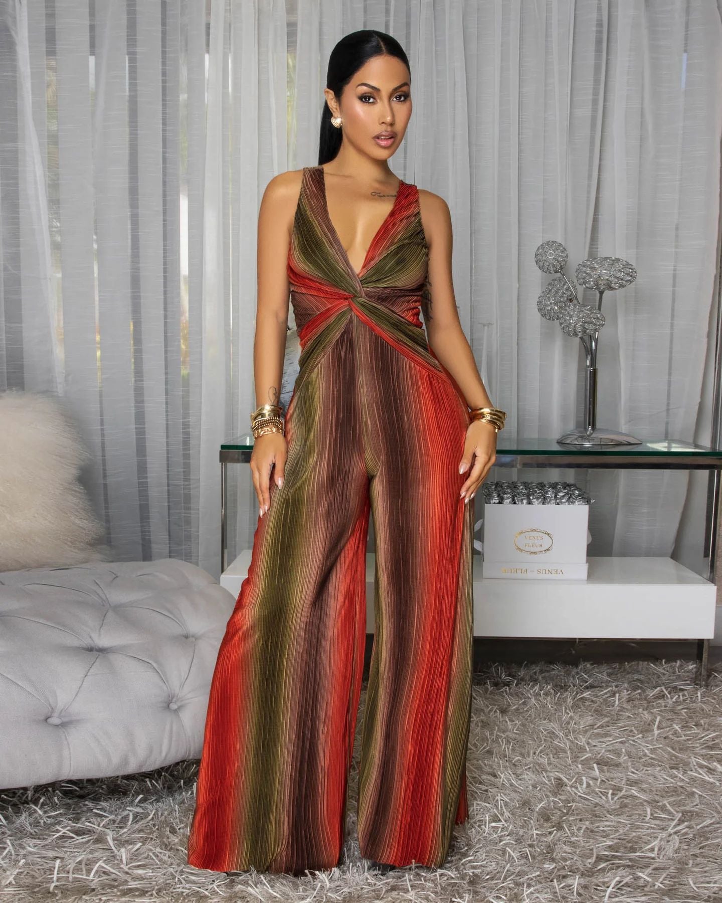 Shoulder Strap Sleeveless Deep V Plunge Sexy Tight Waist Slim Wide Leg Comfort Casual Loose Women Jumpsuit