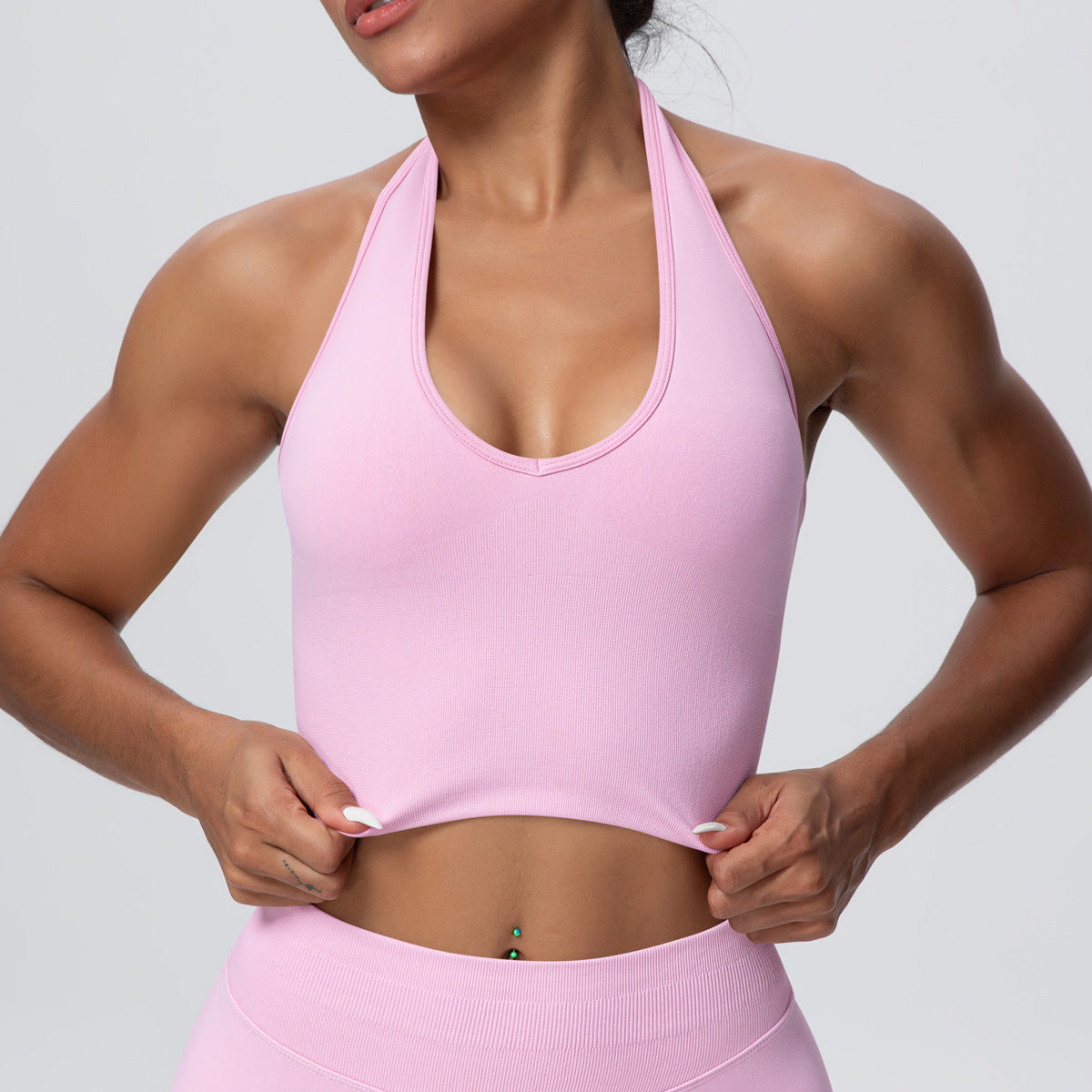 Solid Color Sports Back Shaping High Strength Poly Vest Breathable Waist Trimming Knitted Halter Bra Fitness Clothes Yoga Clothes