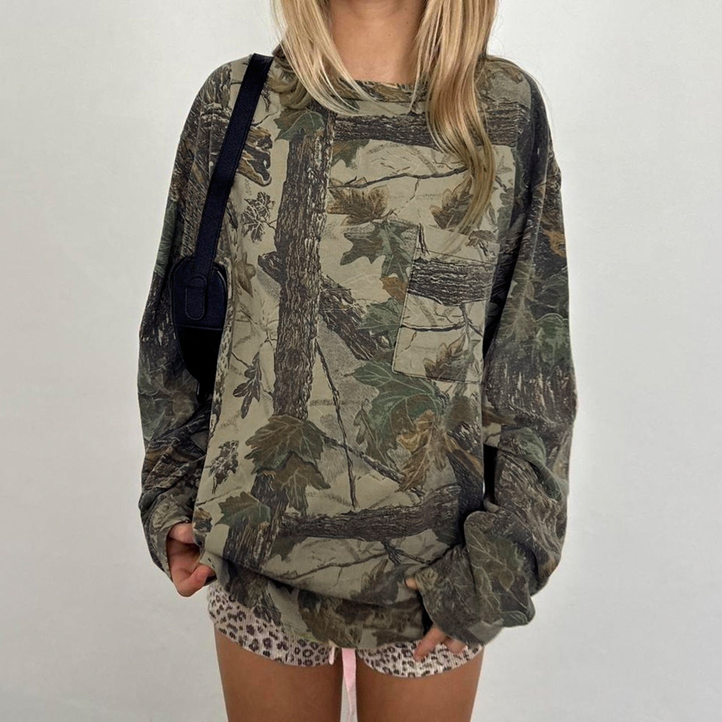 Retro Casual Camouflage Leaf Print Long Sleeve Crew Neck Sweater Spring Autumn Loose Long Sleeve Street Top