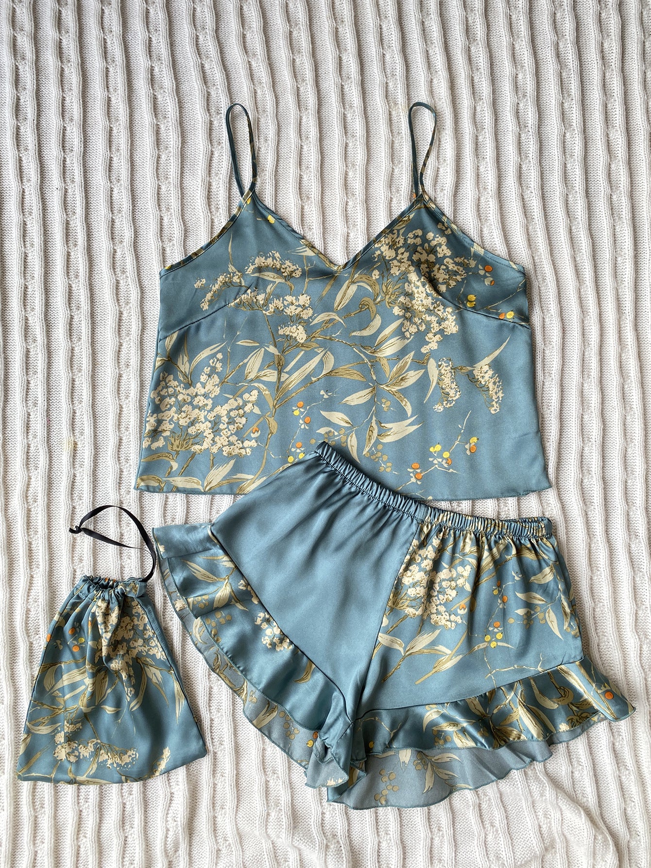 Spring Summer Imitated Silk Pajamas Two-Piece Printed Shorts Home Wear Suit Sexy Sling Dress