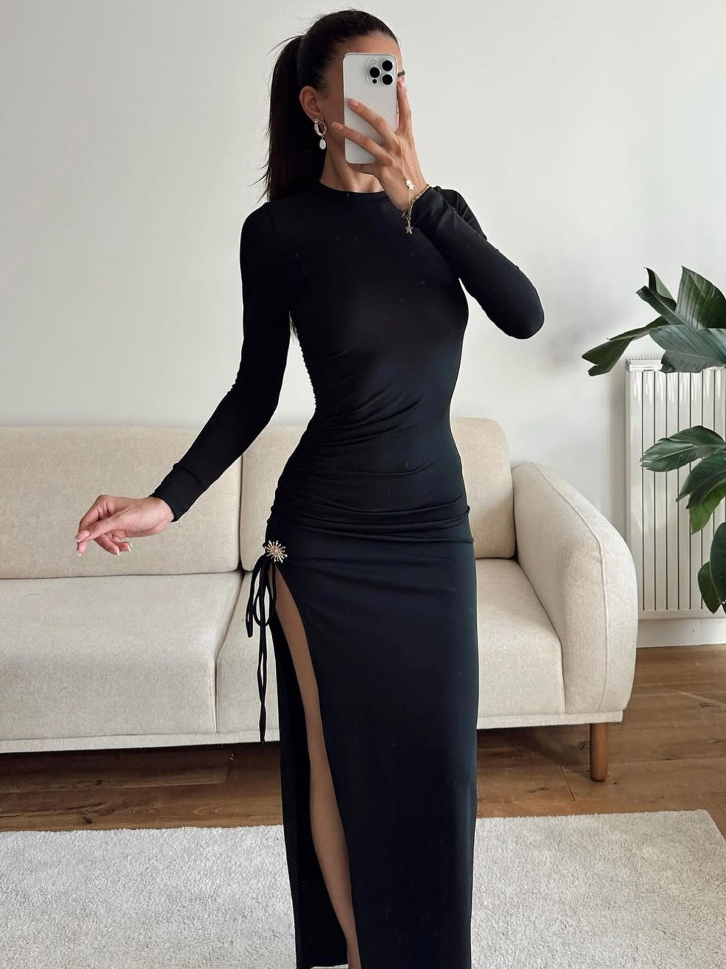 Early Autumn Women Clothing Long Sleeve Dress Lace up Slimming Slit Metal Decorative Maxi Dress Women