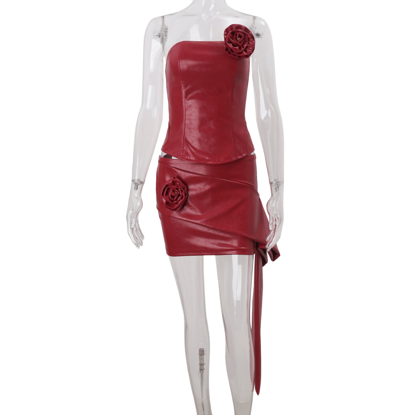 Women Clothing Autumn French Sexy Three Dimensional Floral Faux Leather Tube Top Vest Hip Skirt Set