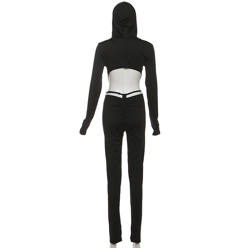 Women Clothing Autumn Sexy Backless Hooded Long Sleeve Solid Color Hip Raise Skinny Jumpsuit