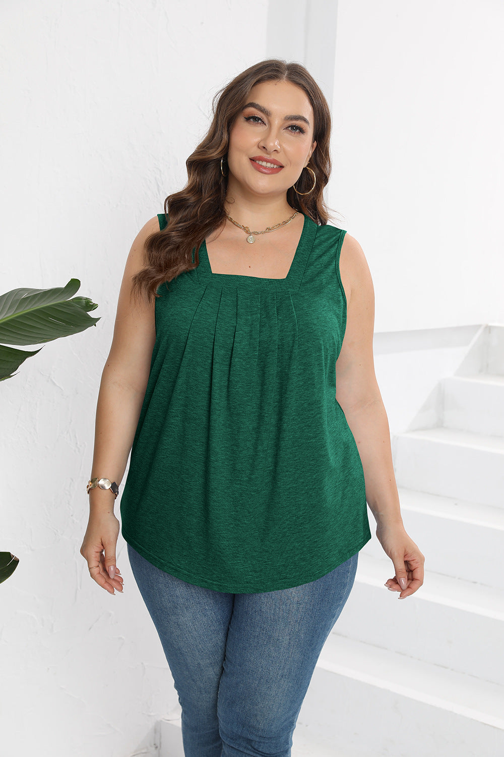 Plus Size Summer Solid Color Square Collar Loose T shirt Vest Top Women