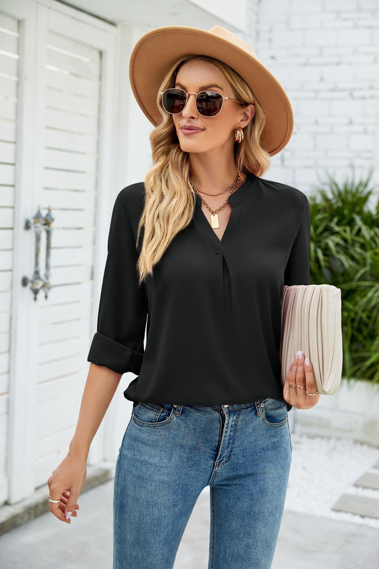 Women Clothing Autumn Winter Solid Color Chiffon Shirt Loose V neck Pullover Long Sleeve Top Shirt