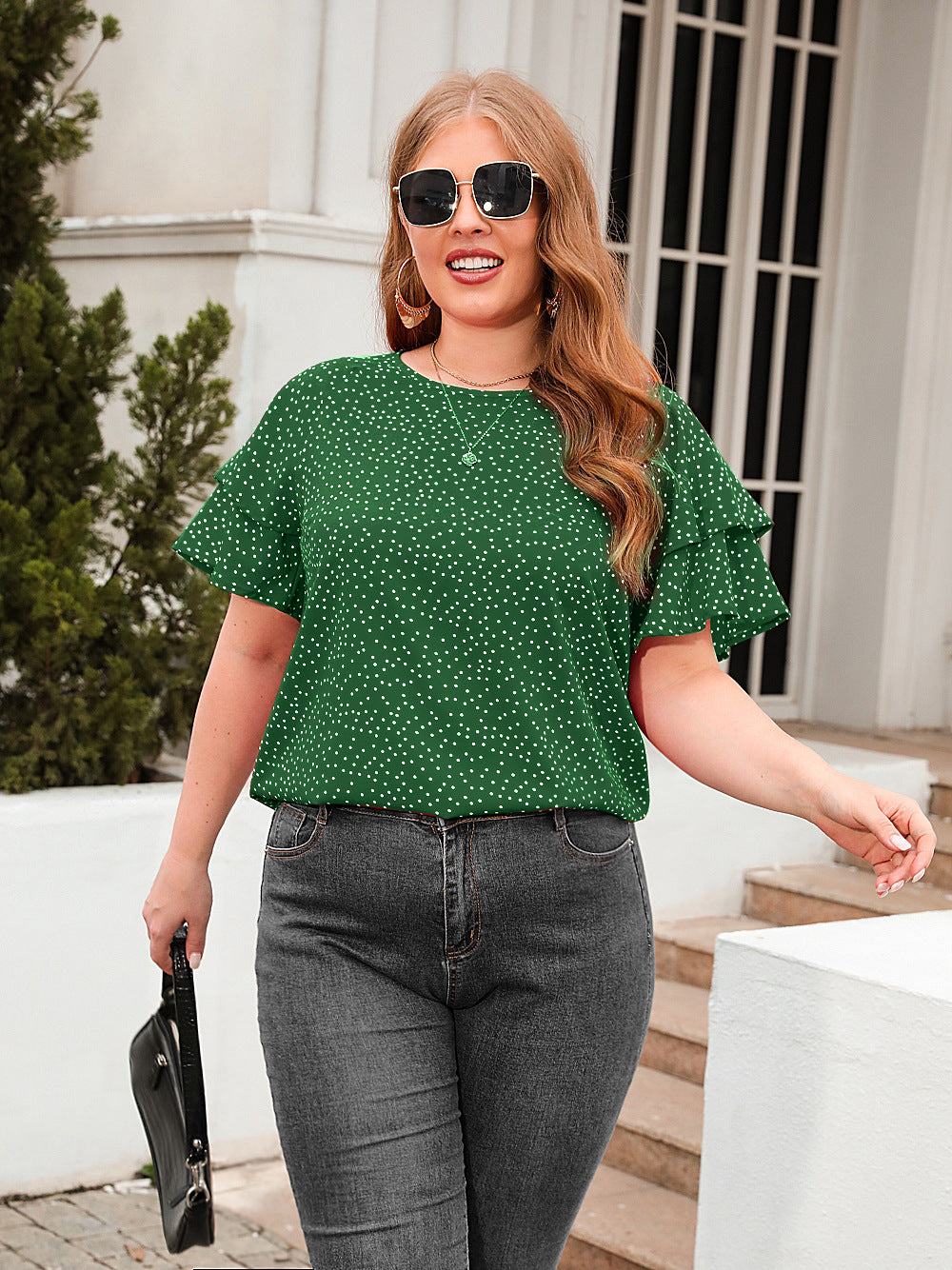 plus Size Polka Dot Loose Fitting Casual T shirt plus Size Women round Neck Short Sleeve Office Top