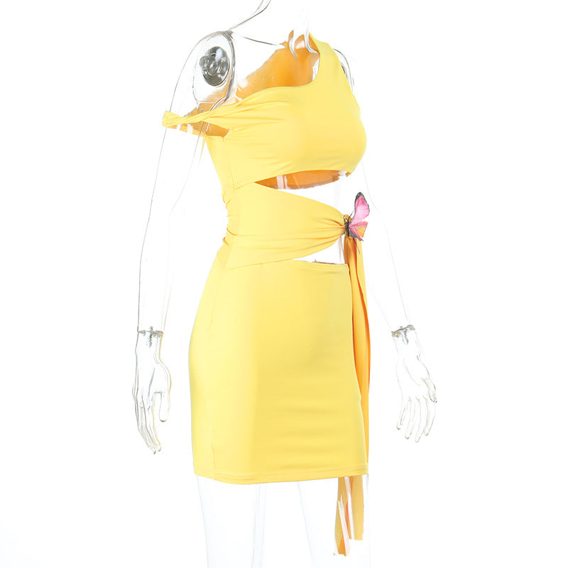 Shoulder Hollow Out Cutout out Strap Butterfly Decoration Dress Summer Solid Color Hip Dress