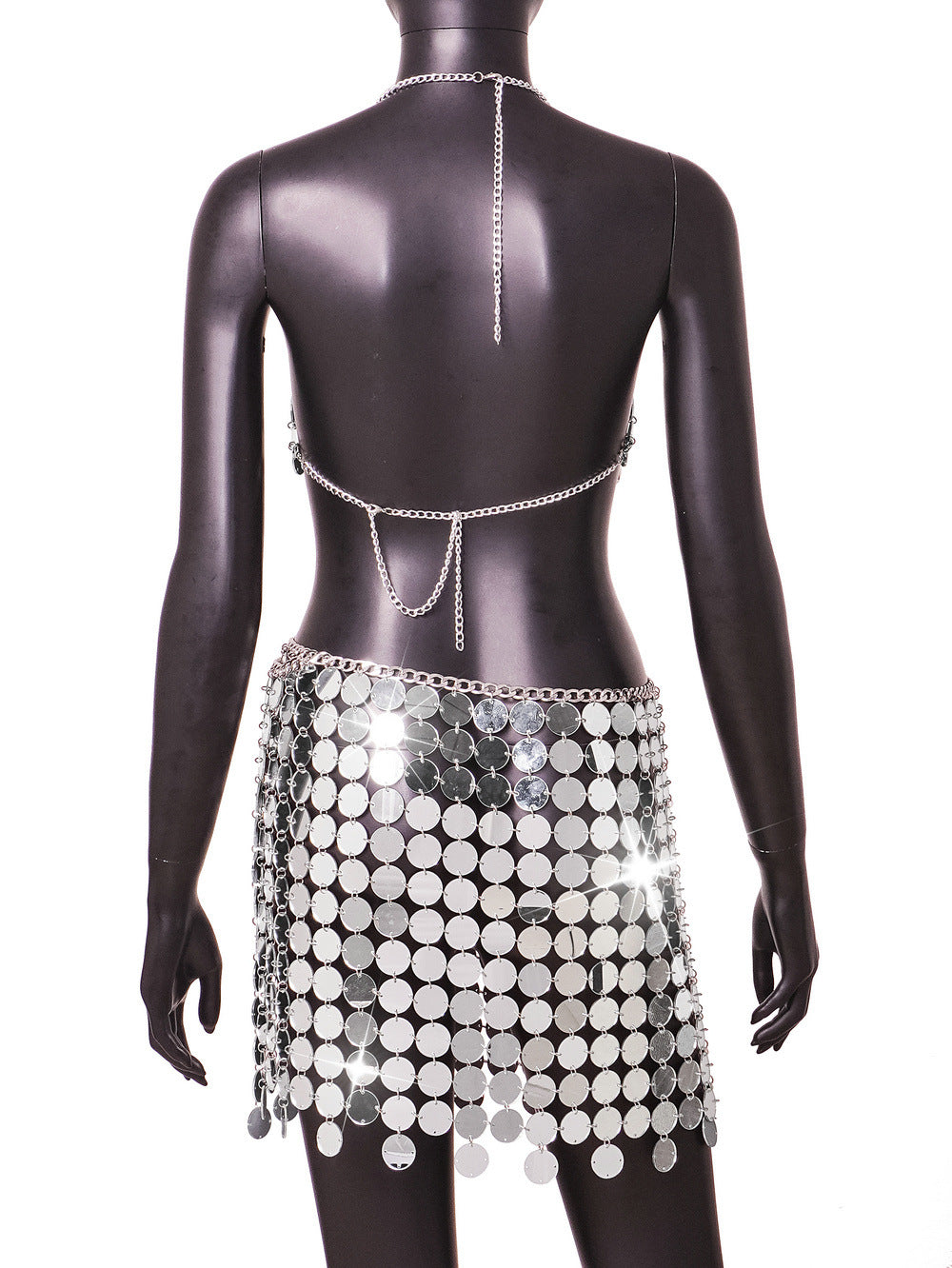 Sexy Nightclub Mirror Flash Color Backless Women Skirt Set