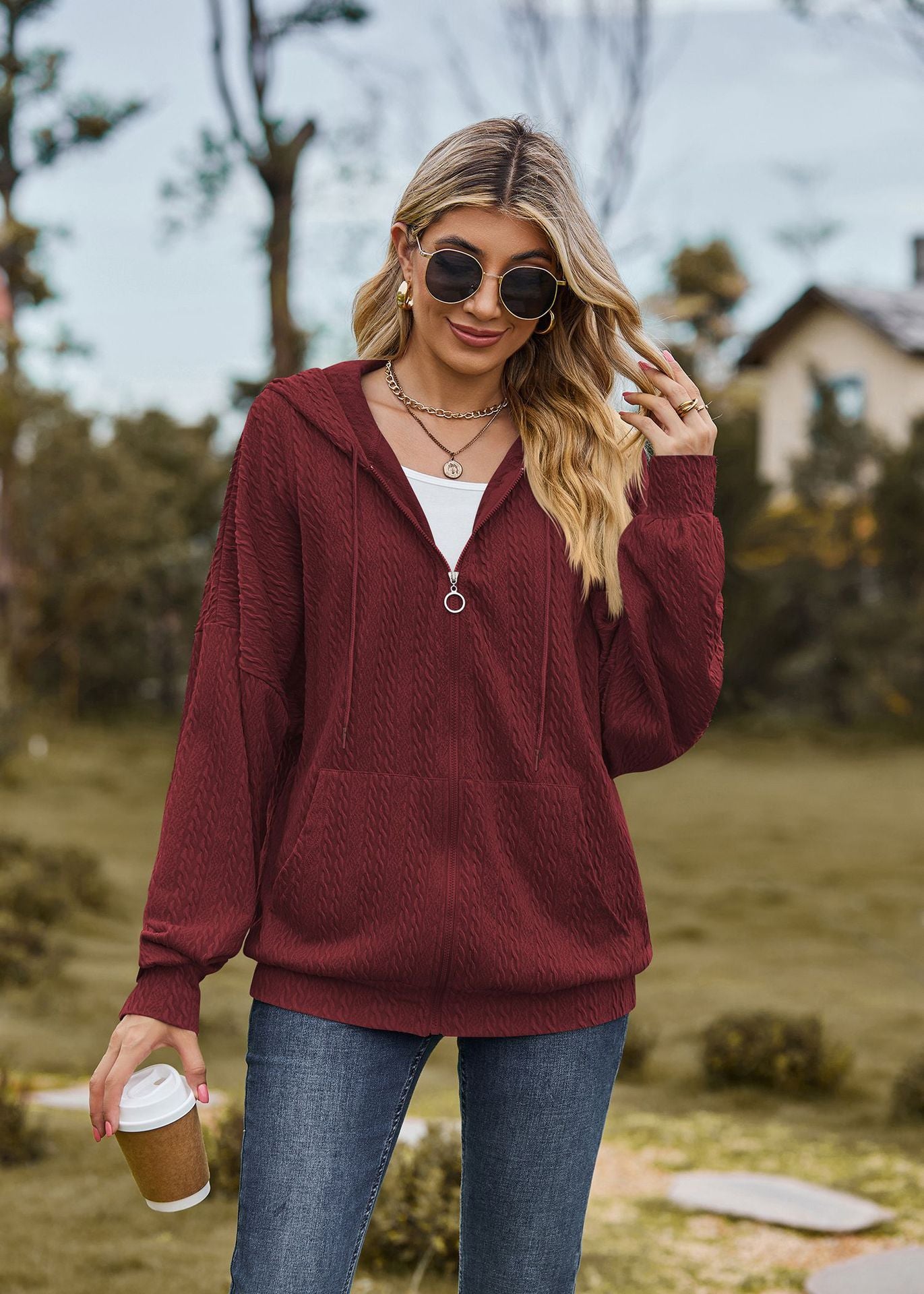 Autumn Winter Solid Color Pocket Long Sleeve Loose Hooded Sweatshirt Women Coat
