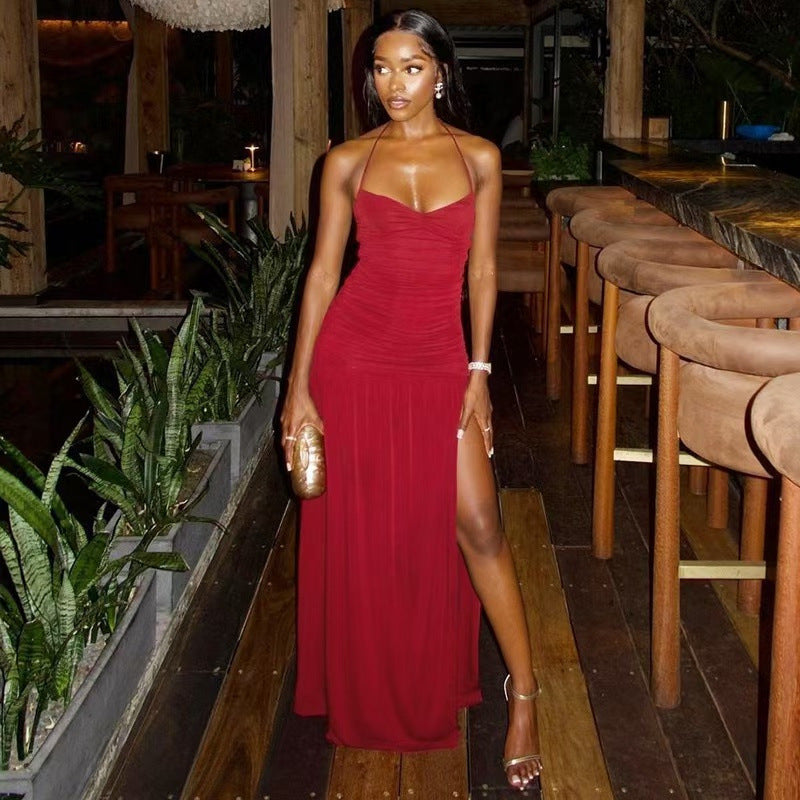 Women Clothing Sexy Halter Slim Fit Backless Hip Side Slit Maxi Dress