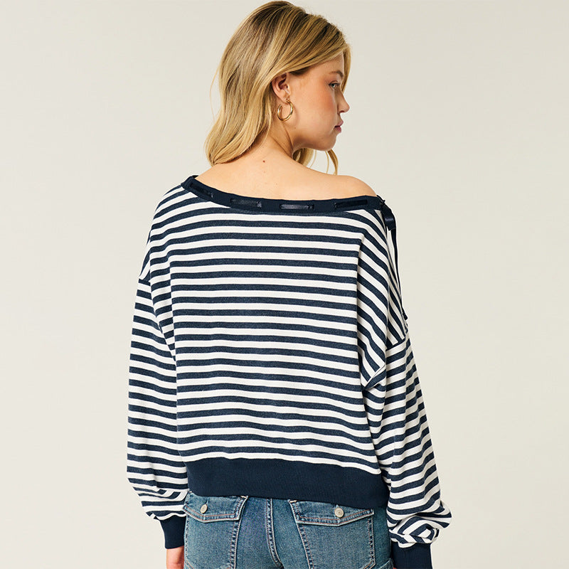 Autumn Casual Laid-Back One-Shoulder Cold Shoulder Classic Striped Sweater for Women
