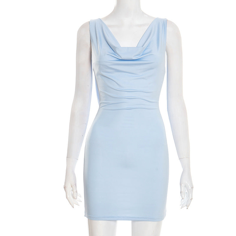 Women Clothing Summer Solid Color Casual Slim Fit Iron Chain Bare Back Swing Collar Sleeveless Dress