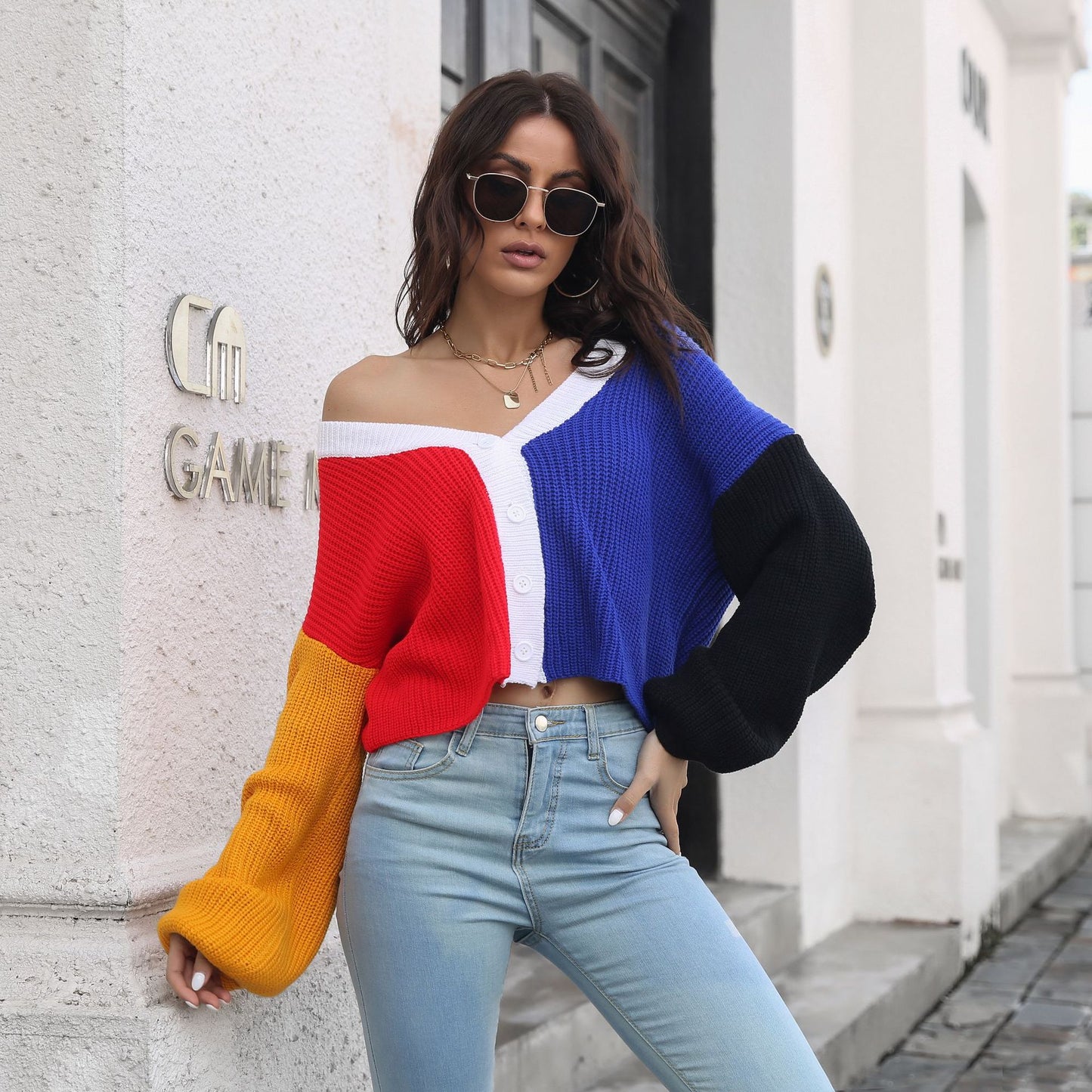 Color Stitching Knitted Cardigan Contrast Color Sweater Women Loose Long Sleeve Short Coat Women Clothing
