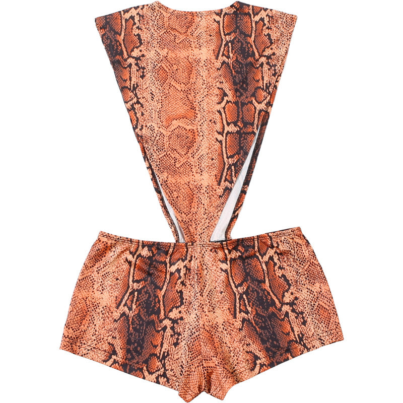 Autumn Winter Women Crew Neck Personality Snake Pattern Sexy Cutout Slim Sexy Jumpsuit