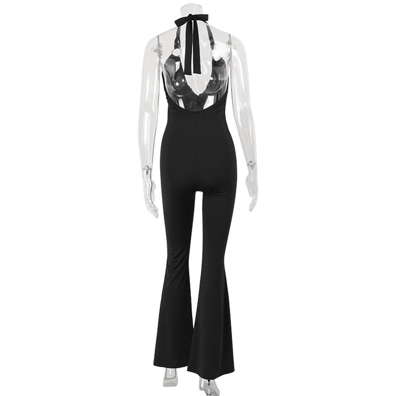 Elegant Sexy Women Deep V Plunge Halter Waist Slimming Bell Bottom Pants One Piece Jumpsuit