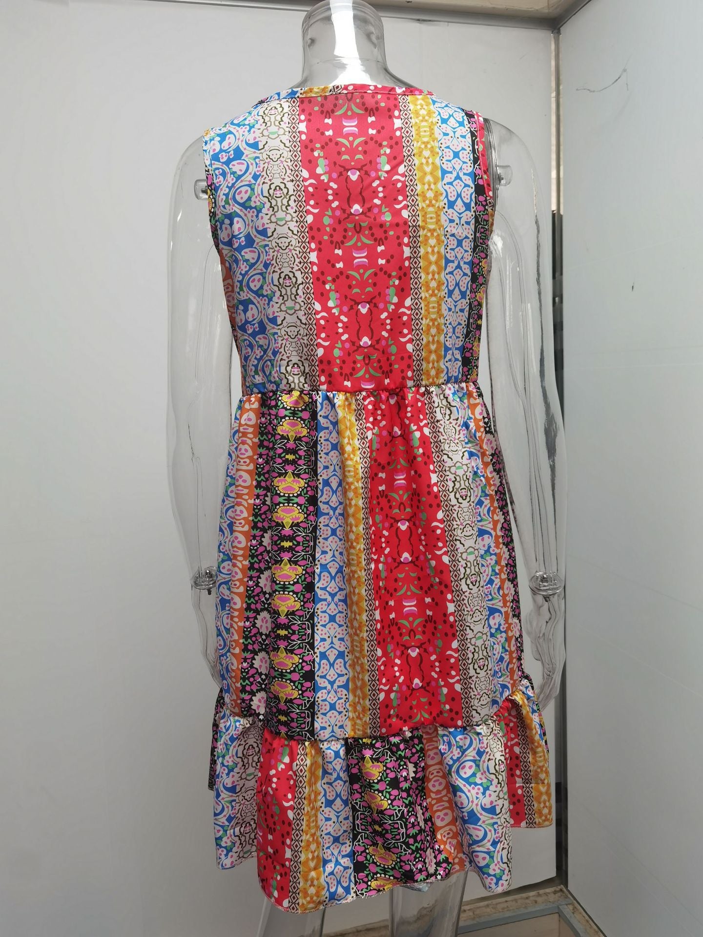 Summer Floral Patchwork Ruffled V Neck Sleeveless Mini Dress