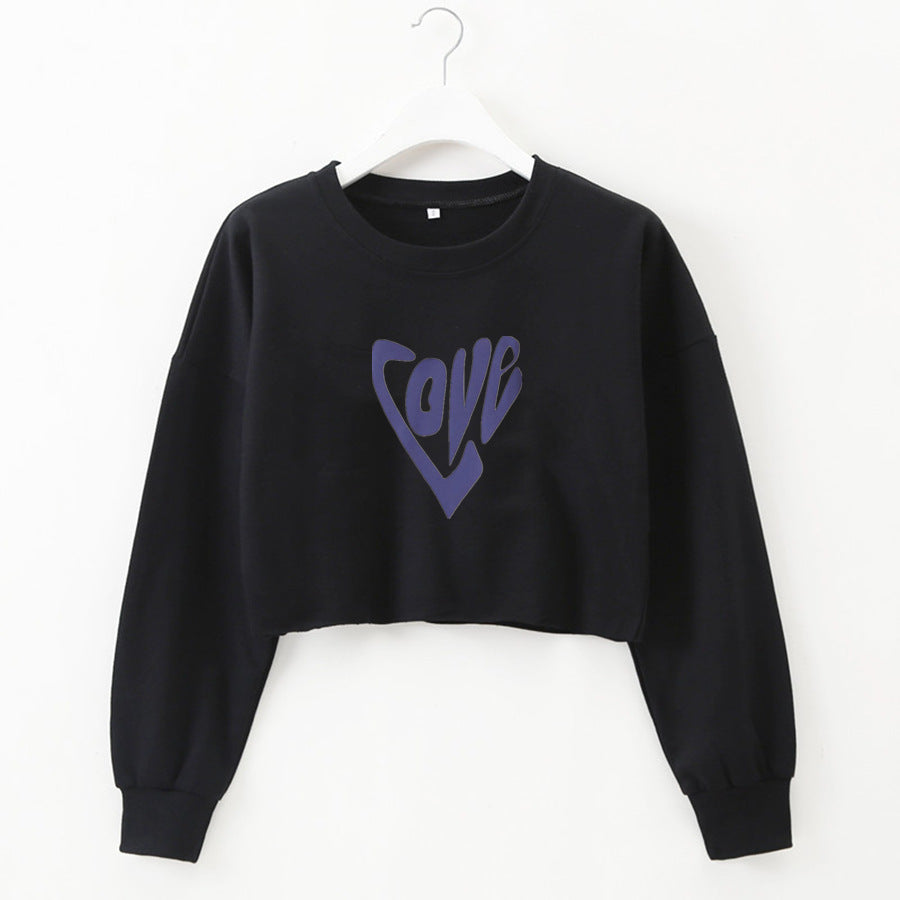 Women Clothing Autumn Winter Love Heart-Shaped Letter Graphic Printing round Neck Short Long-Sleeved Sweatshirt