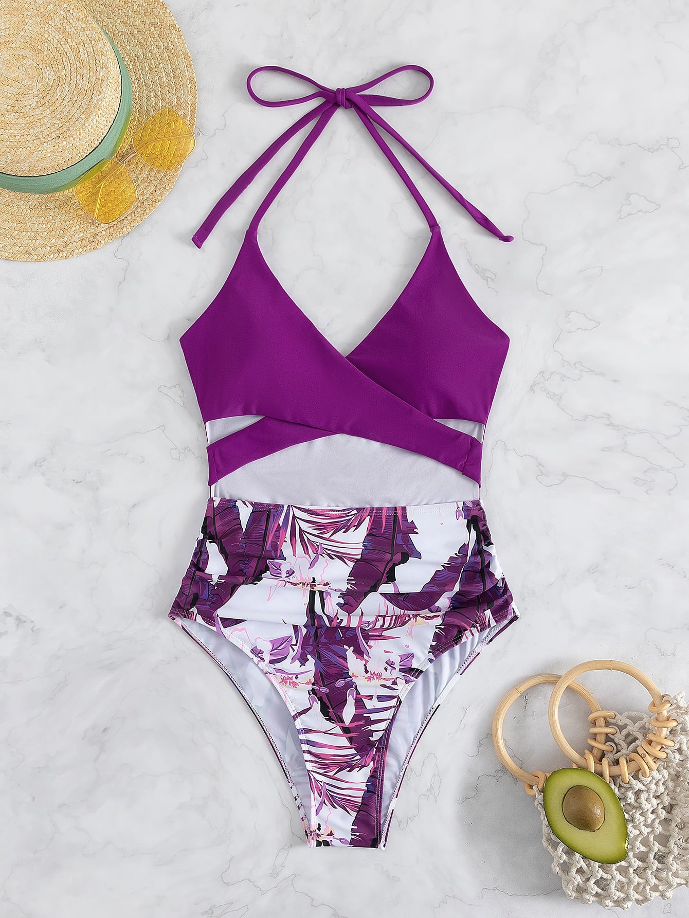 Swimsuit Women Triangle One Piece Lace Printing Bikini Swimsuit Crisscross