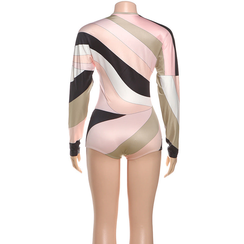 Autumn Winter Women Sexy Slim Deep V Plunge neck Long Sleeve Contrast Color Sexy Rompers