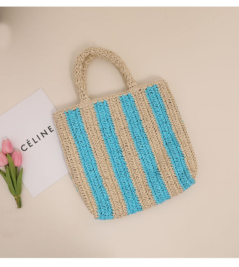 Vertical Stripes French Straw Bag Portable Contrast Color Straw Bag Woven Bag Women's Bag Seaside Vacation Beach Bag