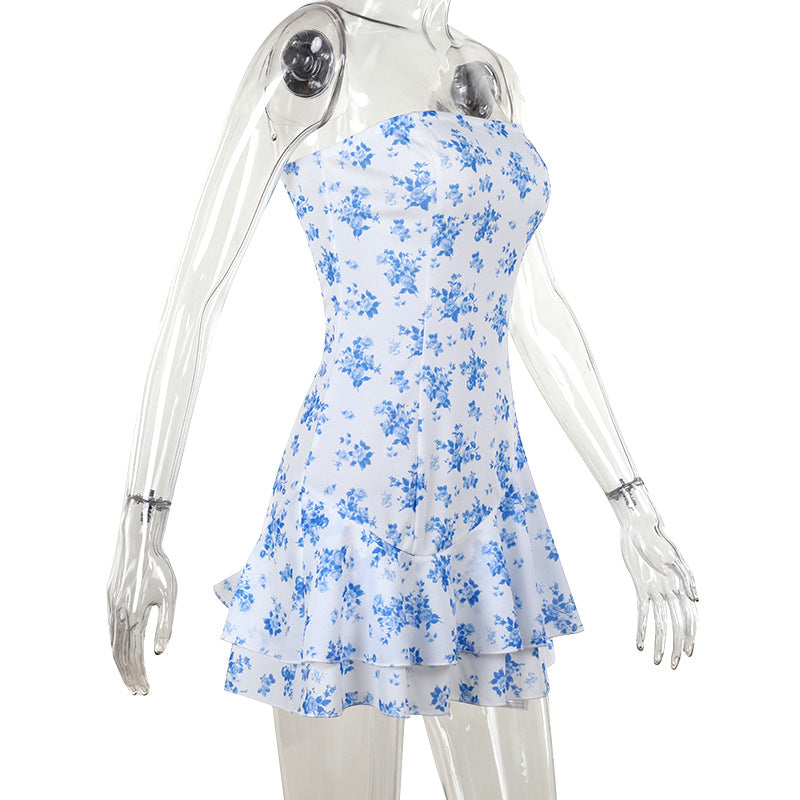 Autumn Hip Fashionable Elegant Slim-Fit Printed Tube Top A line Dress