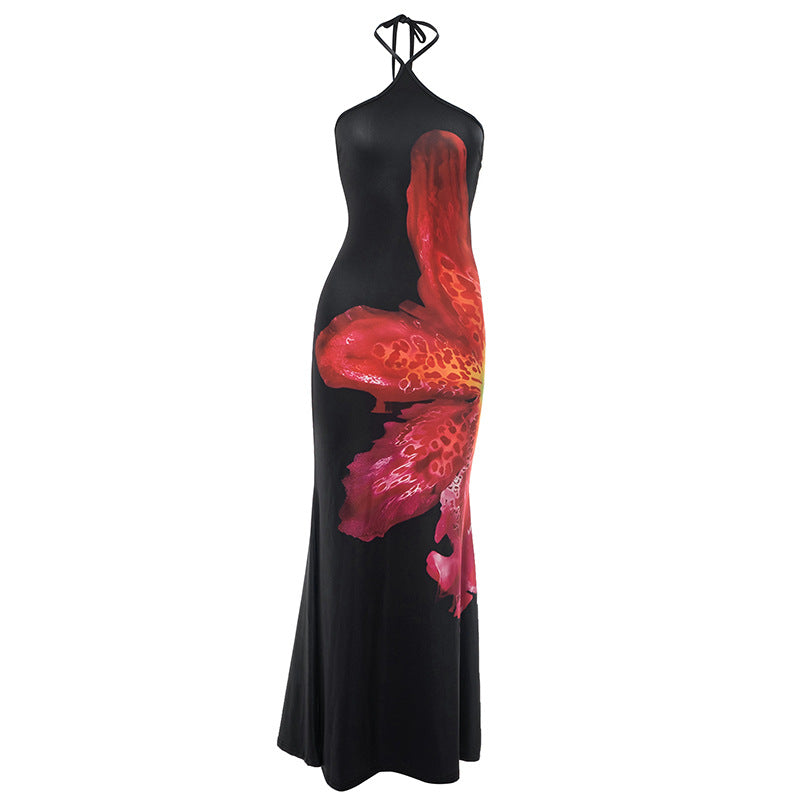 Women Floral Print Halter Lace up Sleeveless Backless Slim Fit Maxi Dress Women