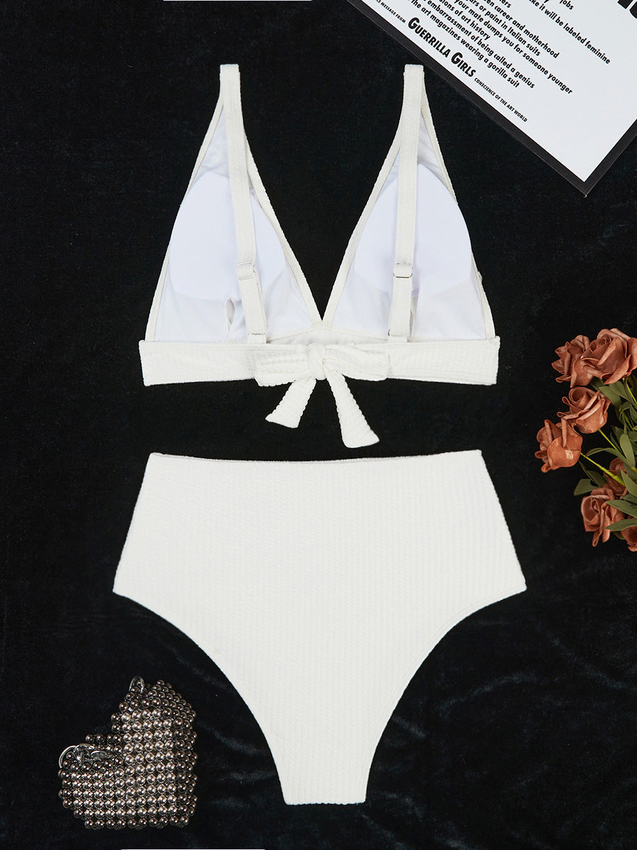 Solid Color High Waist Sunken Stripe Bikini Sexy Swimsuit Women Split Special Fabric Swimsuit